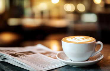 A close-up of an elegant white cup with latte art on top, placed beside the newspaper in front of a blurred background of a coffee shop interior