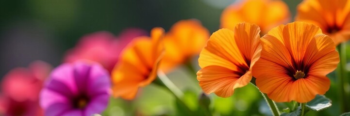 Obraz premium Close-up of beautiful orange and violet petunias in a garden on a sunny day, beautiful, orange