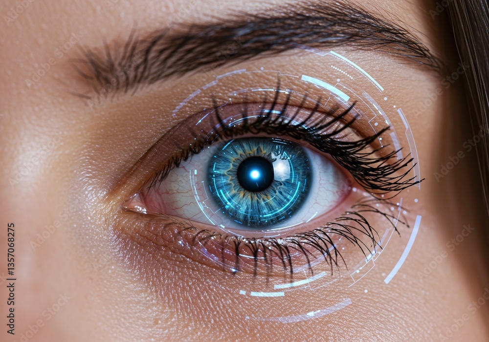 Aufkleber eye of the future: close-up of a human eye, mesmerizing in its intricate details with futuristic ove