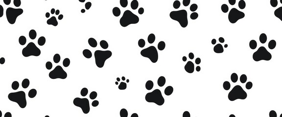 Black and white seamless pattern of pet paw prints; abstract vector texture ideal for veterinary clinic, animal,  veterinary background