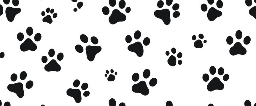 Black and white seamless pattern of pet paw prints; abstract vector texture ideal for veterinary clinic, animal, veterinary background