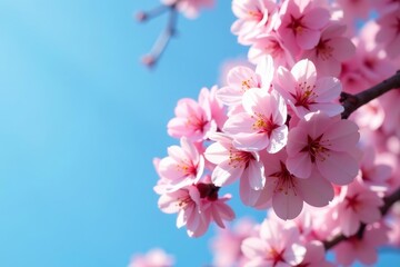 Fototapeta premium Close-up of blooming cherry tree in spring with pink blossoms under clear blue sky, pink flowers, blooming, tree