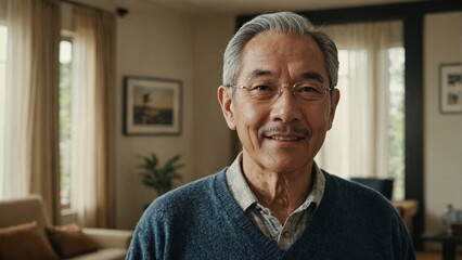 Naklejka premium Thoughtful Senior Asian Man with Grey Hair Smiling Gently at Home, Representing Wisdom, Experience, and Comfortable Retirement Lifestyle