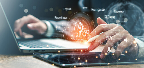 Artificial intelligence technology helps translate languages. Automatic translation system concept....