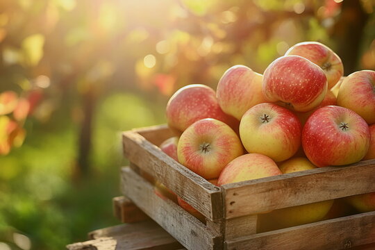 Fresh apples in wicker basket in orchard. Great for autumn harvest, organic fruit picking, countryside lifestyle, and farm produce scenes.

