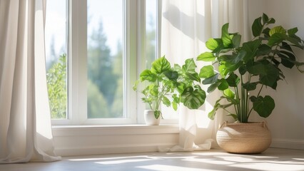 Fototapeta premium A blank white canvas rests on a white windowsill