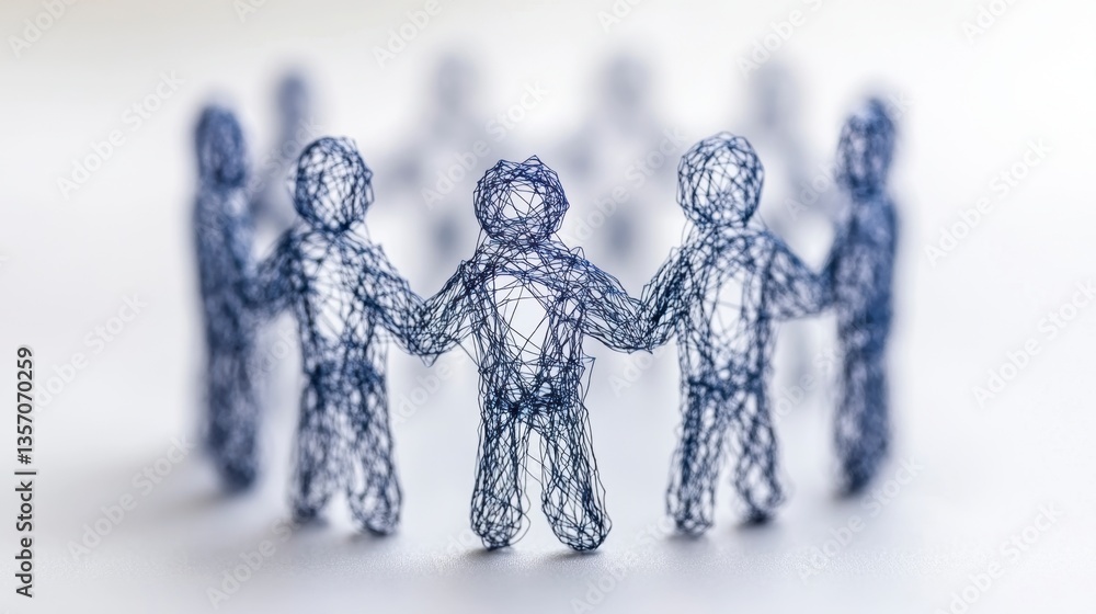 Poster abstract image of interconnected blue figures forming a circle on a white background. focus on centr