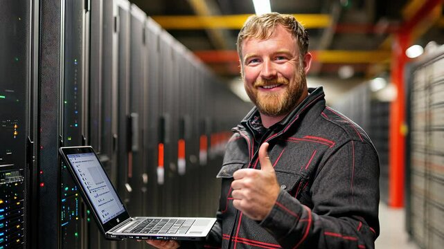 Professional technician working in a data center while operating a laptop and smiling in a modern facility