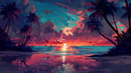 Vibrant colors of a tropical sunset. The warm orange and yellow hues of the sky contrast with the cool blue of the water, creating a stunning scene.