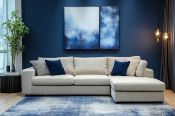a modern and stylish living room showcasing a comfortable cream-colored sofa with decorative pillows, a painting on the blue wall, rug and some decoration 