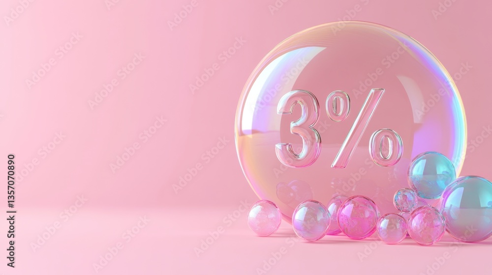 Aufkleber iridescent soap bubbles on a pink background, one large bubble features 3% in the center, creating a