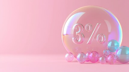 Fototapeta premium Iridescent soap bubbles on a pink background, one large bubble features 3% in the center, creating a minimalist and vibrant image.