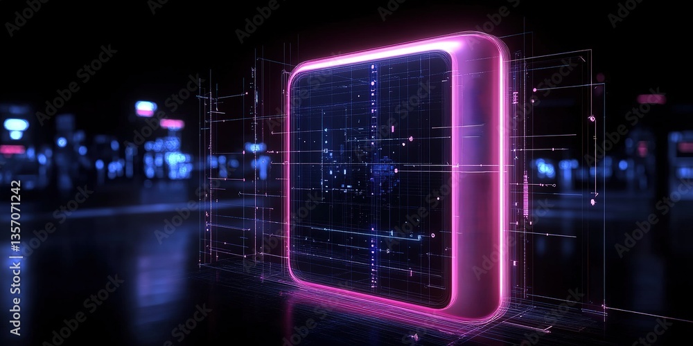 Poster digital interface glowing in neon pink with futuristic design elements in a dark urban environment a