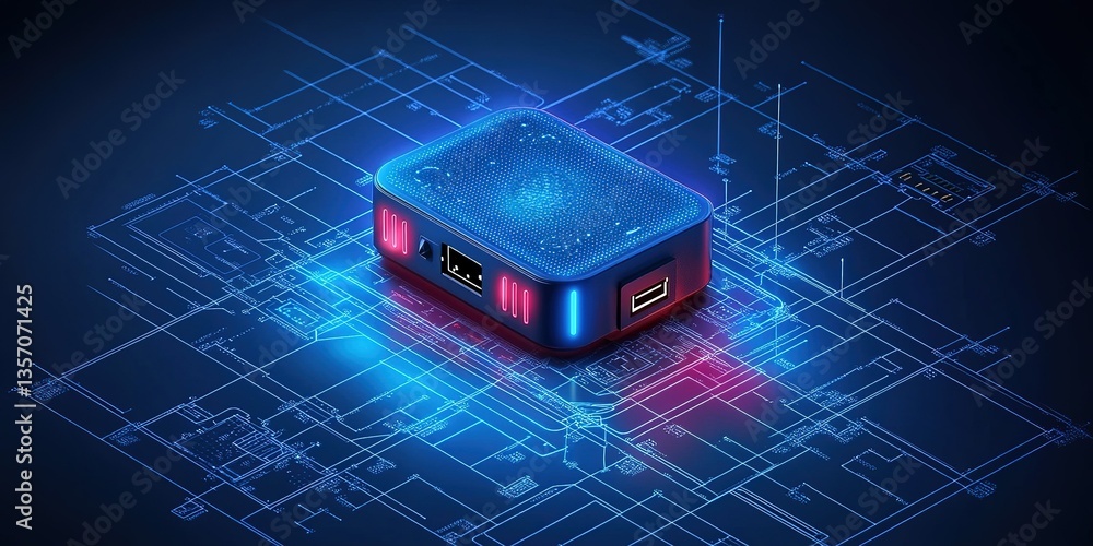 Poster innovative technology device on a blueprint background displaying digital connectivity and modern de