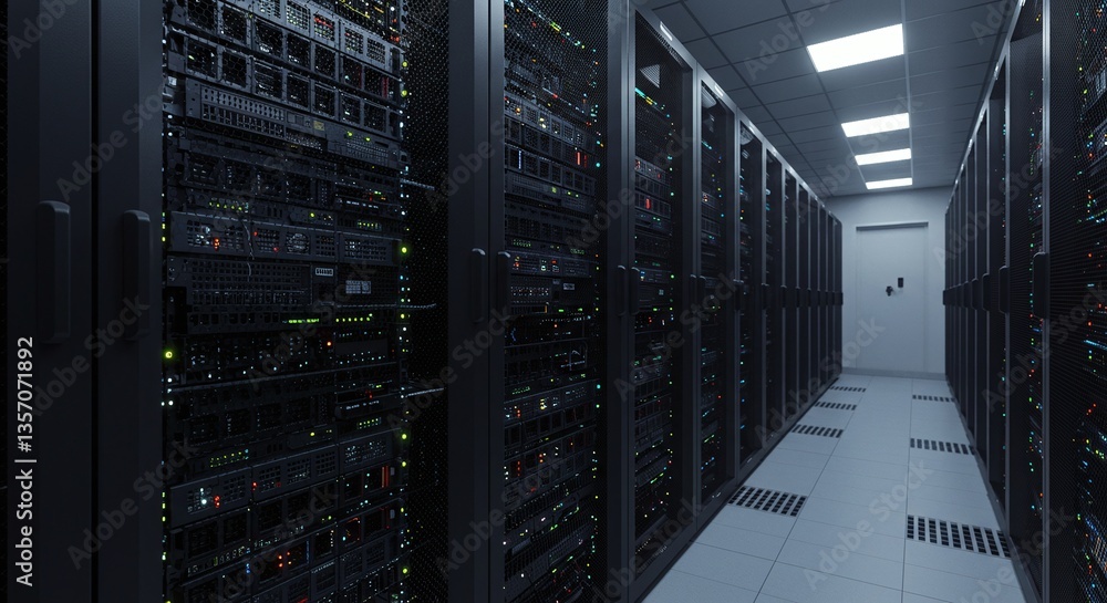 Poster data center infrastructure: a modern data center showcases rows of powerful servers, providing a gli