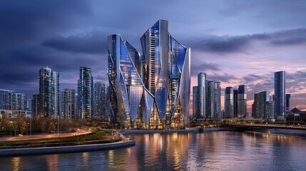 Obraz premium An innovative skyscraper featuring an offset design stands out in a moody urban nightscape