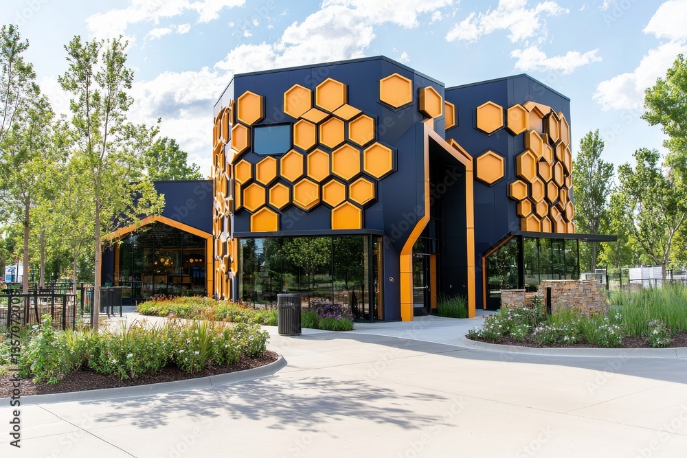 Poster illuminated hexagonal windows adorn a futuristic building at dusk