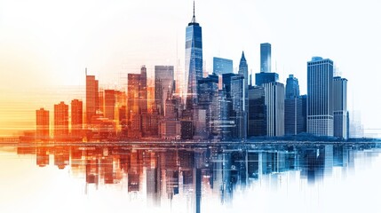 Obraz premium A digital art effect transforms a vibrant city skyline at sunset into a dynamic representation of urban life and energy