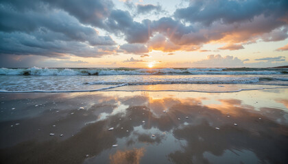 Fototapeta premium Stormy ocean reflection at sunset, dramatic beauty of nature, copy space