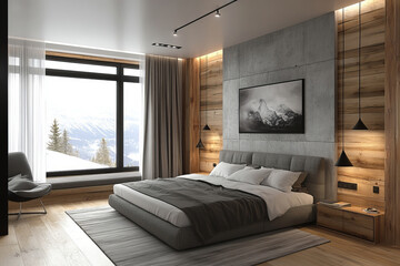 Obraz premium a modern and cozy bedroom with large windows offering stunning mountain view. The bedroom features a comfortable bed and minimalist decor