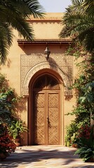 Fototapeta premium Traditional arabic wooden door with palm trees