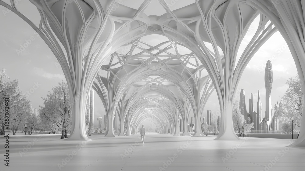 Aufkleber in a 3d render illustration, an abstract white tunnel's background is displayed in perspective, feat