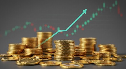 Financial Growth: stacks of gold coins, with a rising graph in the background, symbolizing prosperity and investment success.