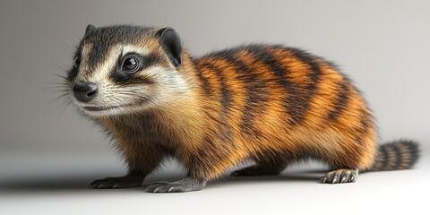 Fototapeta premium Small striped creature stands on a smooth surface showcasing its vibrant fur and curious expression