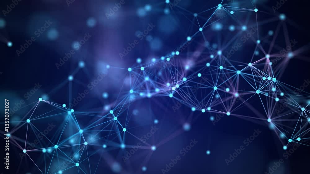 Poster Connecting colored lines and dots in space. Abstract digital background. Data network connections.3d rendering. Seamless loop.