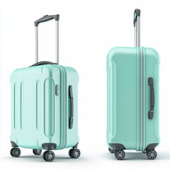 Two views of a light teal hard shell suitcase with wheels and a retractable handle against a white background.