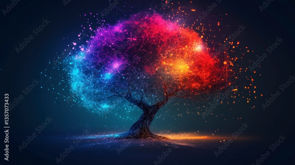 Poster abstract tree composed of vibrant, multicolored particles on a dark background. the tree glows with 