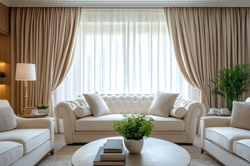 a cozy living room with elegant furniture, including a sofa and chairs, with large curtains framing the view