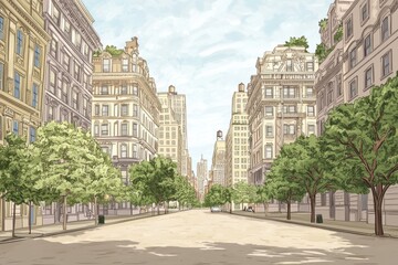 A sunny city street is depicted with various buildings and trees, forming an urban landscape to be used as a background in animation