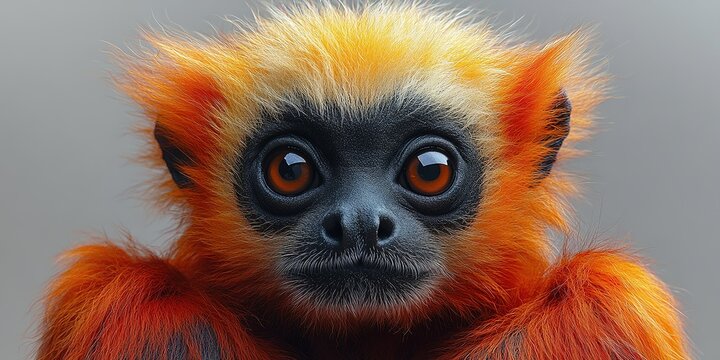 Colorful primate with vibrant fur staring intensely at the viewer in a neutral background setting
