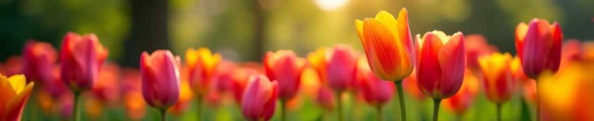 Fototapeta premium Close-up of colorful tulips blooming in the park, outdoor, nature, blooming