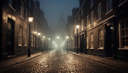 Fototapeta premium Foggy Cobblestone Street at Night