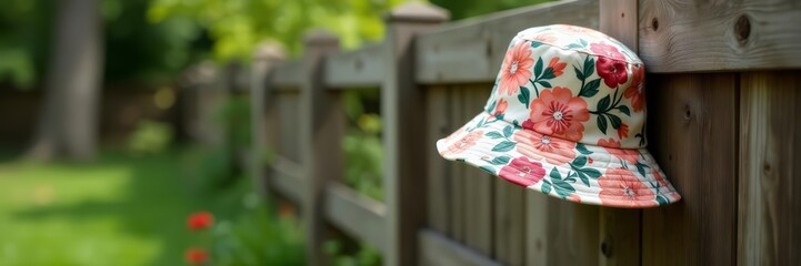 Retro floral print bucket hat hanging on wooden fence in garden setting, flower, accessory, trendy