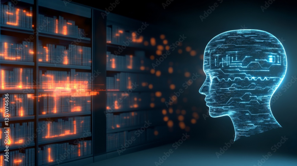 Poster futuristic librarian cataloging knowledge with neural technology in a high-tech library
