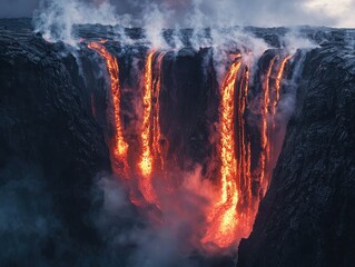 Striking lava falls pour into a steaming abyss, creating an awe-inspiring display of Earth's power and heat. A mesmerizing natural phenomenon.