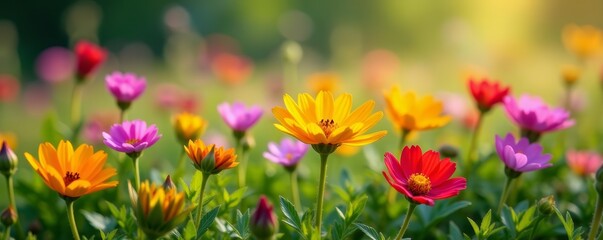 Fototapeta premium Close-up of colorful wildflowers in full bloom with green foliage, close-up, nature, wildflowers
