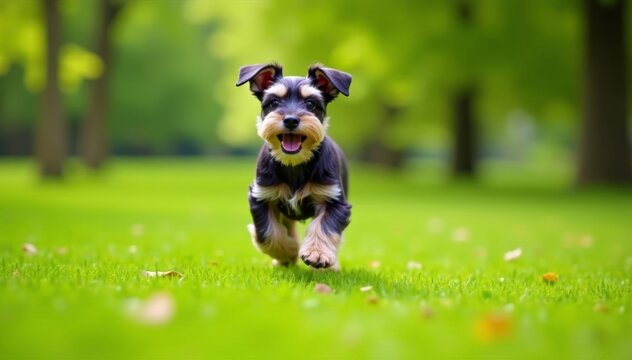 Cheerful small schnauzer puppy running on green grass in the park, animal, smile - Powered by Adobe