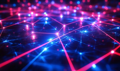 Abstract illustration of a network with glowing red and blue nodes and lines, representing data transfer or a complex system. The image evokes a sense of connection and technological advancement