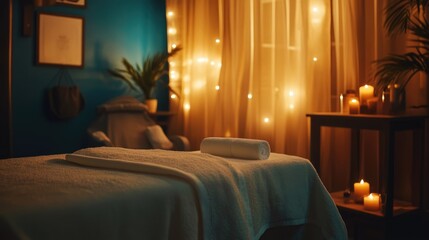 Serene Spa Room: Relaxing Ambiance with Warm Lighting and Candles