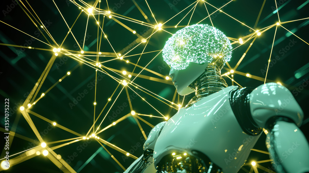 Poster futuristic robot with glowing brain is connected to network of light, symbolizing advanced technolog