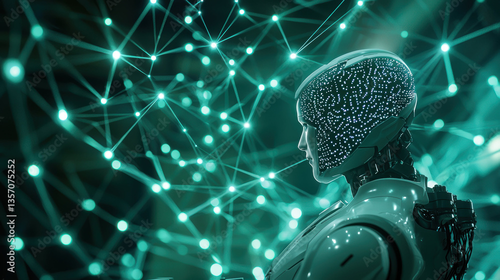 Poster futuristic robot with glowing brain design is connected to network of light, symbolizing advanced te