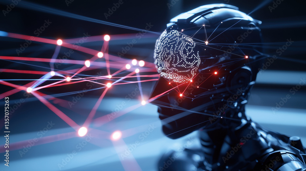 Aufkleber futuristic robot head with glowing brain network, showcasing advanced technology and artificial inte