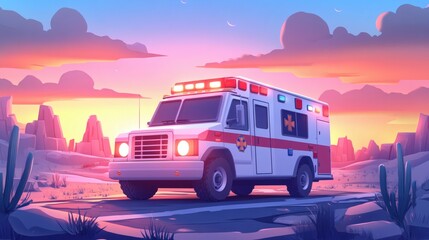 An ambulance drives on a desert road at sunset.