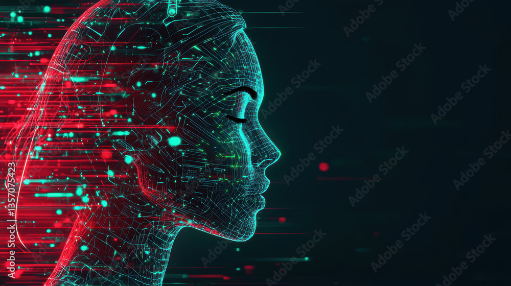 Poster abstract female shape glowing with ai patterns, representing technology and innovation in digital wo