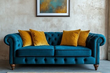 a luxurious blue sofa with gold pillows in a stylish living room, showcasing comfortable home