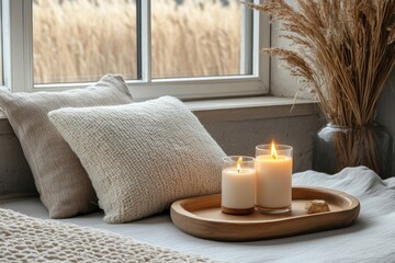 cozy window-side setting with candles, pillows, and natural elements, creating a sense of comfort and relaxation. The scene includes candles, pillows, a wooden tray, and dried wheat.